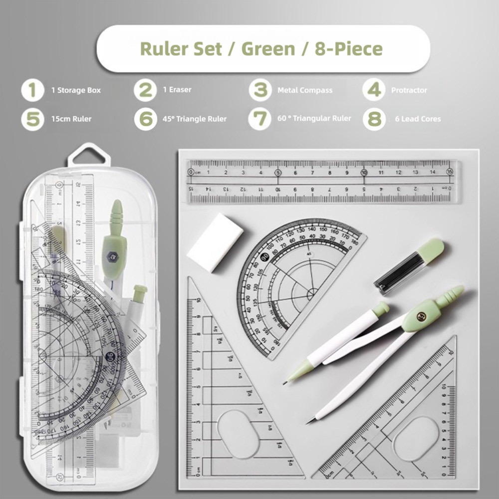 Compass Geometry Set - 8 ชิ้น/เซ็ตไม้บรรทัดพลาสติกชุดเข็มทิศโปร่งใสยางลบวัดไม้บรรทัดชุดสแควร์ตรงไม้บรรทัดเครื่องมือโรงเรียนสํานักงาน